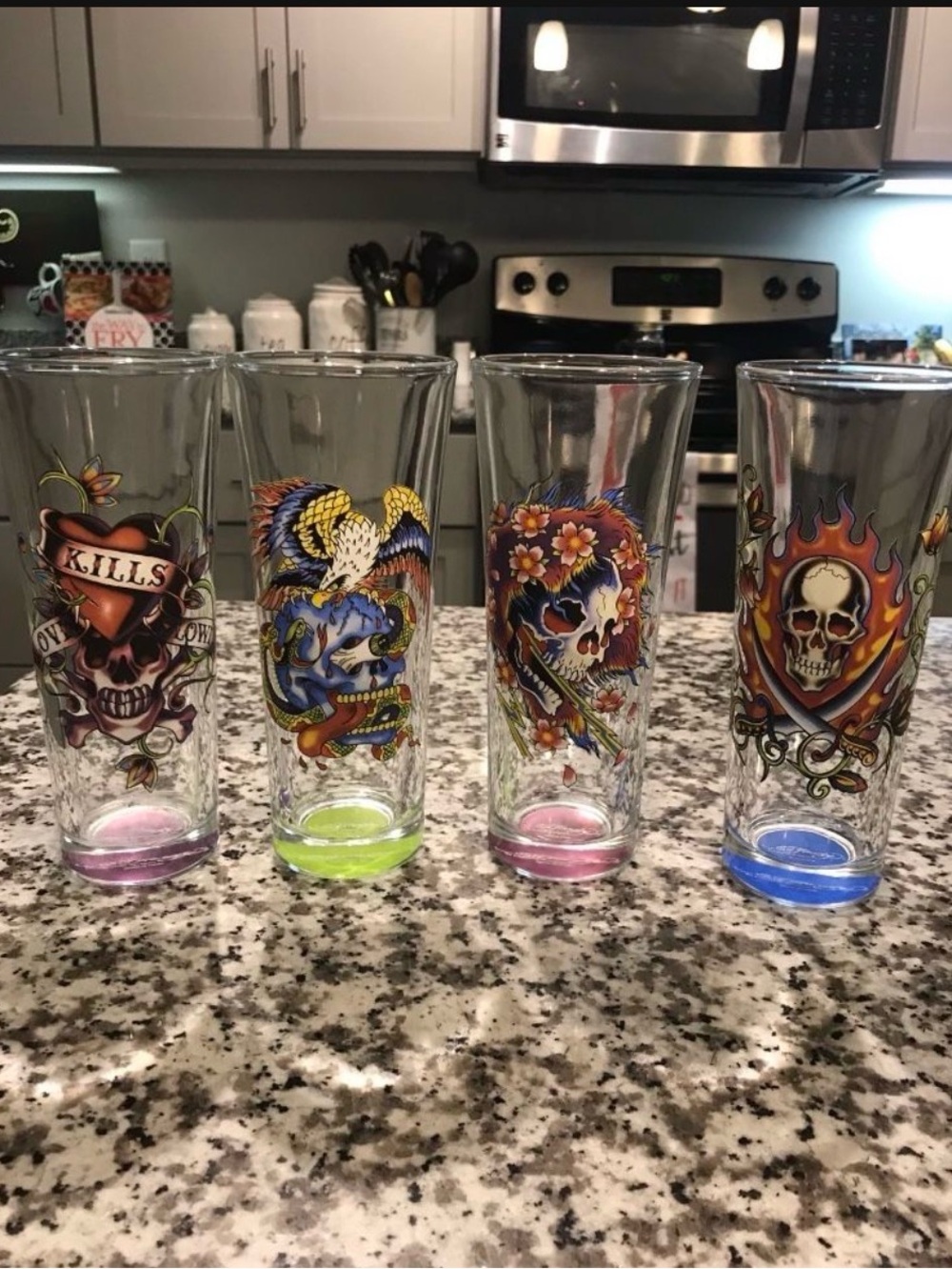 Ed Hardy Set of 4 Tattoo-Style Tall Drinking Glasses - Colorful Skull Designs